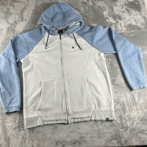 Hurley Mens Sz XL Full Zip Motion Hooded Sweatshirt Embroidered Jacket Gray Blue